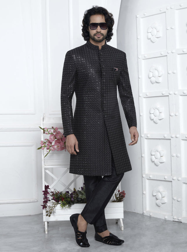 Black Velvet Silk Mens Sherwani