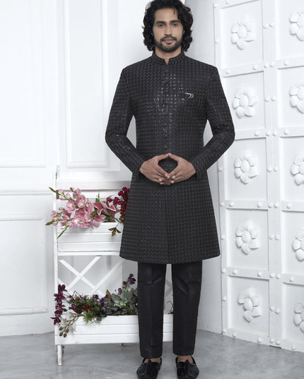 Black Velvet Silk Mens Sherwani