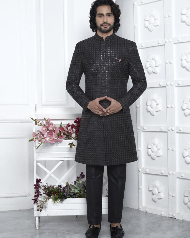 Black Velvet Silk Mens Sherwani
