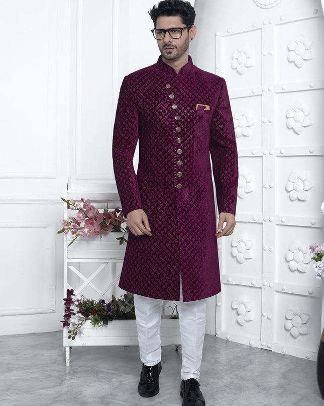Magenta Velvet Silk Mens Sherwani