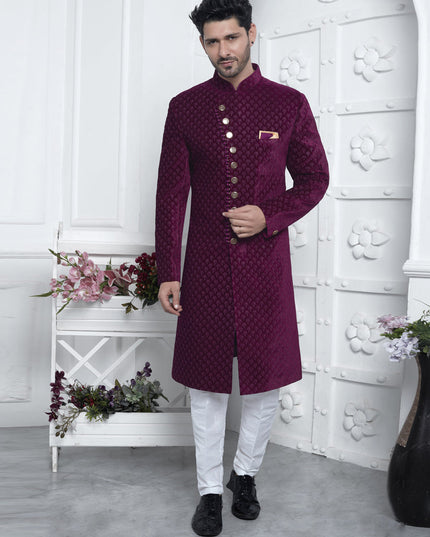 Magenta Velvet Silk Mens Sherwani