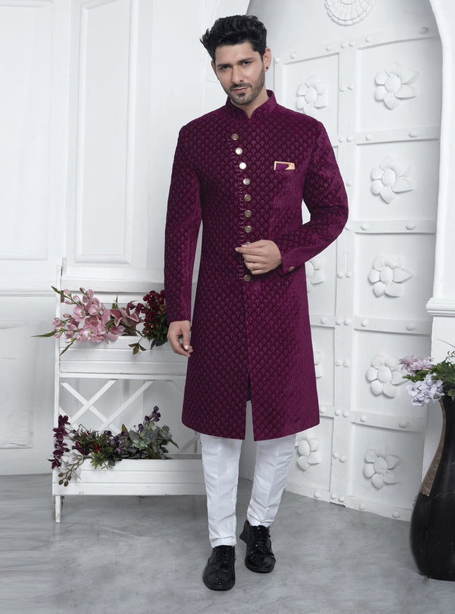 Magenta Velvet Silk Mens Sherwani