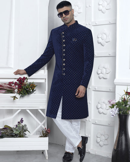 Navy Blue Velvet Silk Mens Sherwani