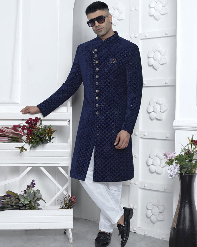 Navy Blue Velvet Silk Mens Sherwani