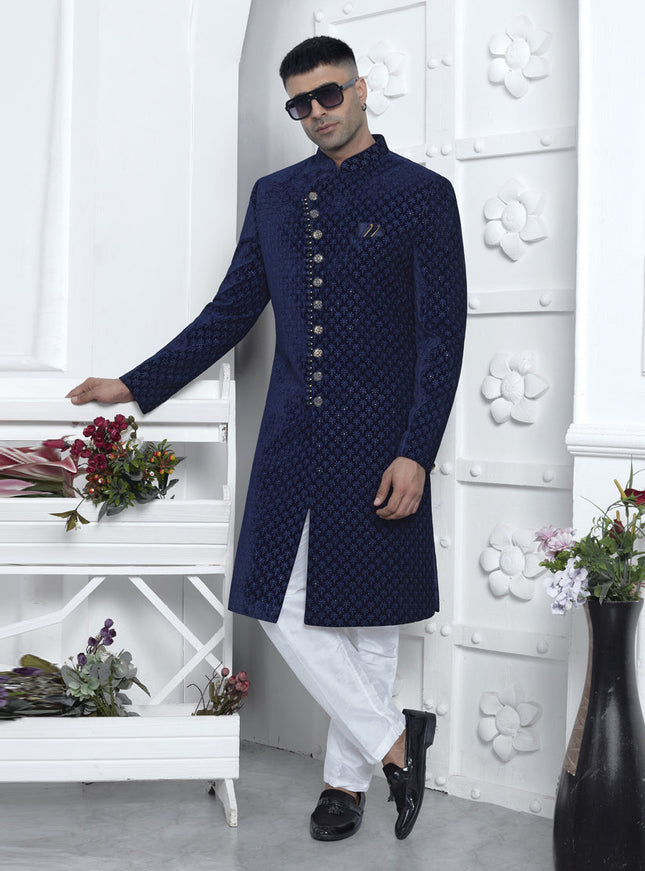Navy Blue Velvet Silk Mens Sherwani