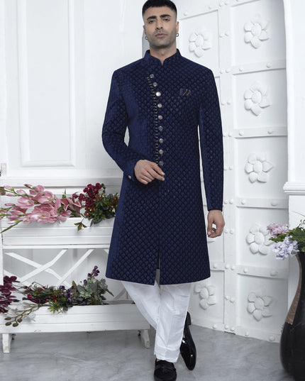 Navy Blue Velvet Silk Mens Sherwani