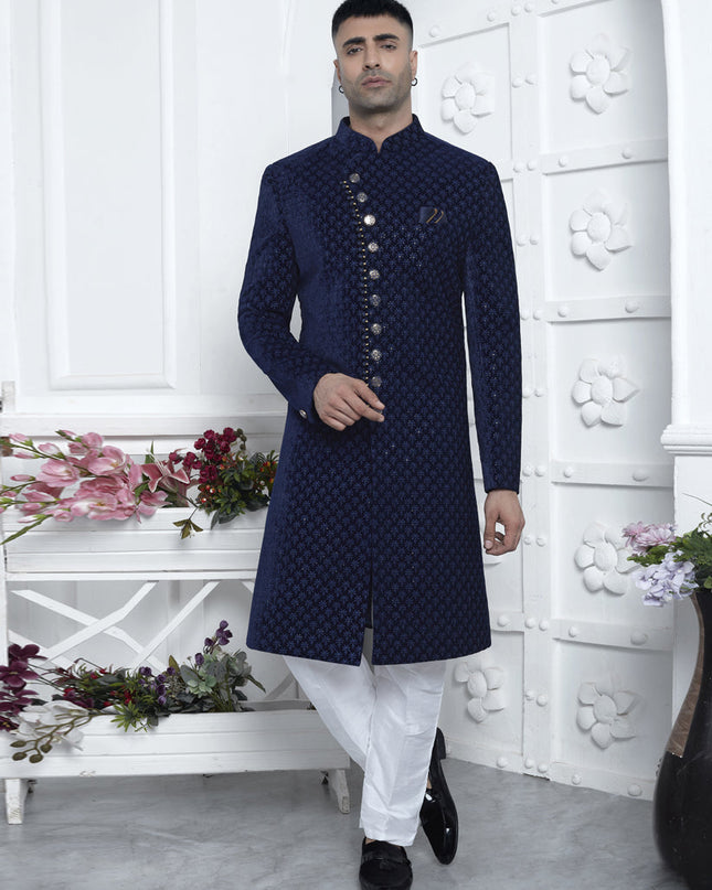 Navy Blue Velvet Silk Mens Sherwani