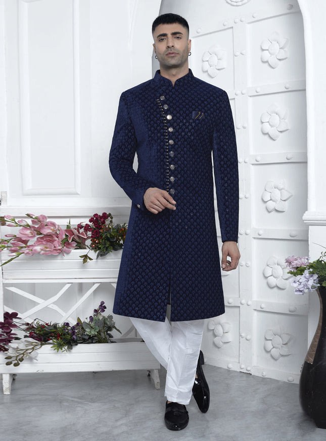 Navy Blue Velvet Silk Mens Sherwani