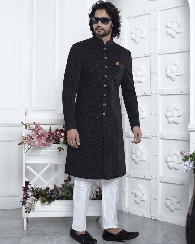 Black Velvet Silk Mens Sherwani