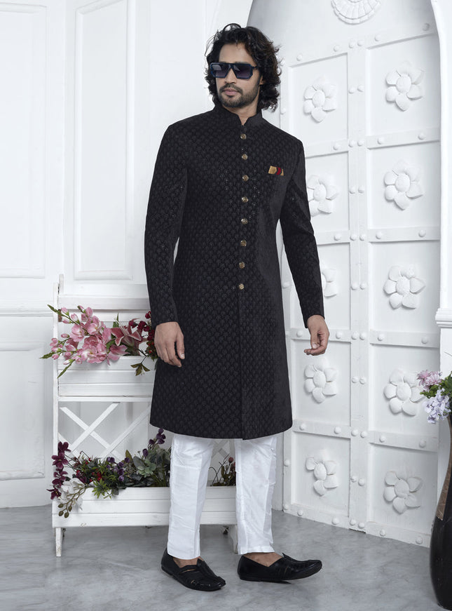 Black Velvet Silk Mens Sherwani