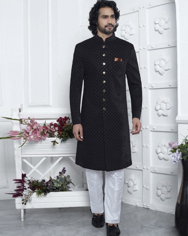 Black Velvet Silk Mens Sherwani
