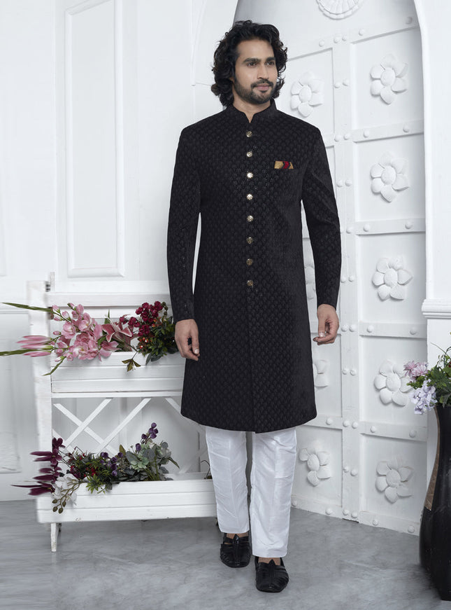 Black Velvet Silk Mens Sherwani