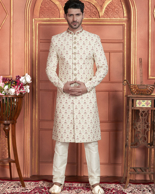 Cream Art Silk Wedding Wear Designer Sherwani