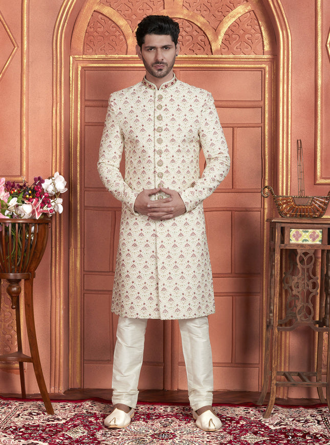 Cream Art Silk Wedding Wear Designer Sherwani