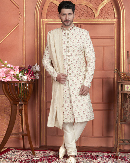 Cream Art Silk Wedding Wear Designer Sherwani