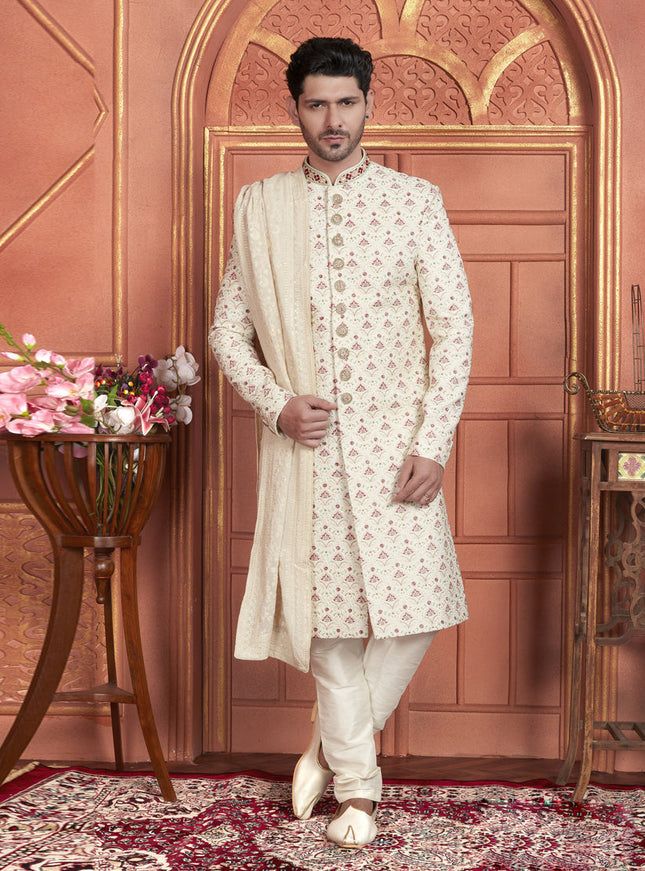Cream Art Silk Wedding Wear Designer Sherwani