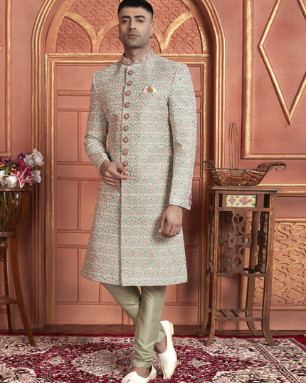 Pastel Green Art Silk Wedding Wear Designer Sherwani