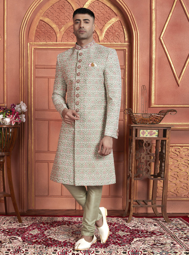 Pastel Green Art Silk Wedding Wear Designer Sherwani