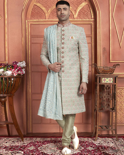 Pastel Green Art Silk Wedding Wear Designer Sherwani