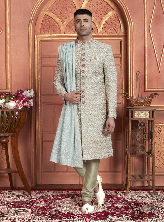 Pastel Green Art Silk Wedding Wear Designer Sherwani