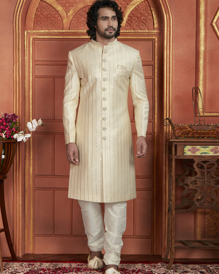 Cream Art Silk Wedding Wear Designer Sherwani