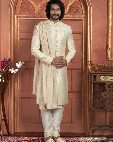 Cream Art Silk Wedding Wear Designer Sherwani