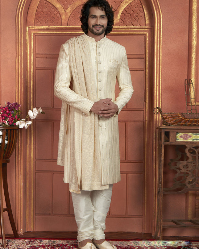 Cream Art Silk Wedding Wear Designer Sherwani