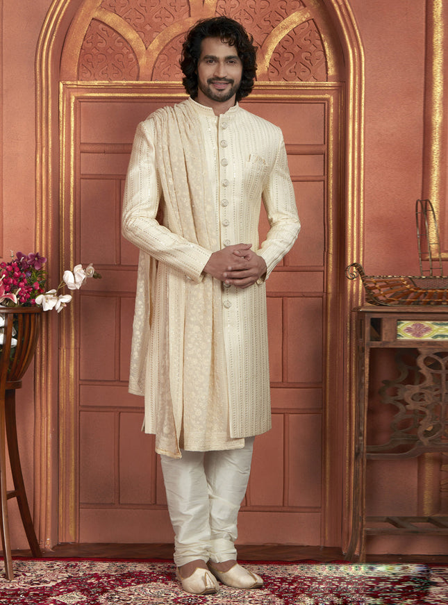Cream Art Silk Wedding Wear Designer Sherwani