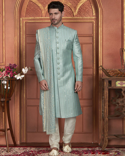 Pista Green Art Silk Wedding Wear Designer Sherwani