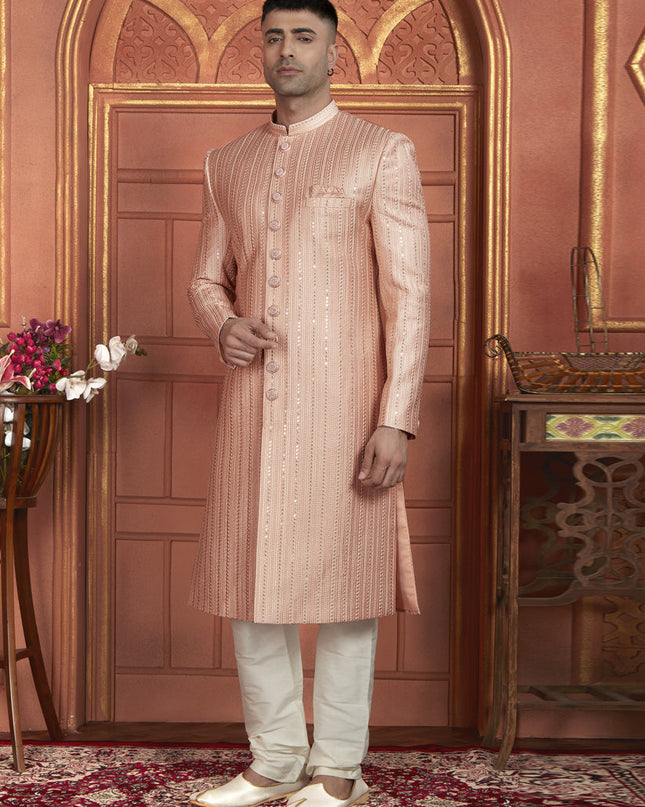 Peach Art Silk Wedding Wear Designer Sherwani
