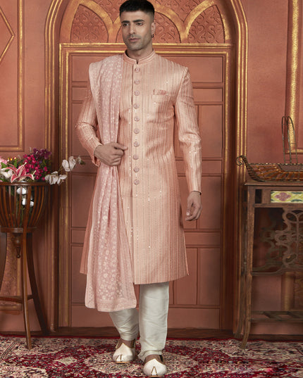 Peach Art Silk Wedding Wear Designer Sherwani