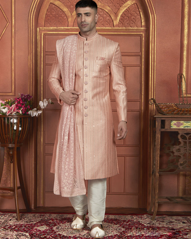 Peach Art Silk Wedding Wear Designer Sherwani