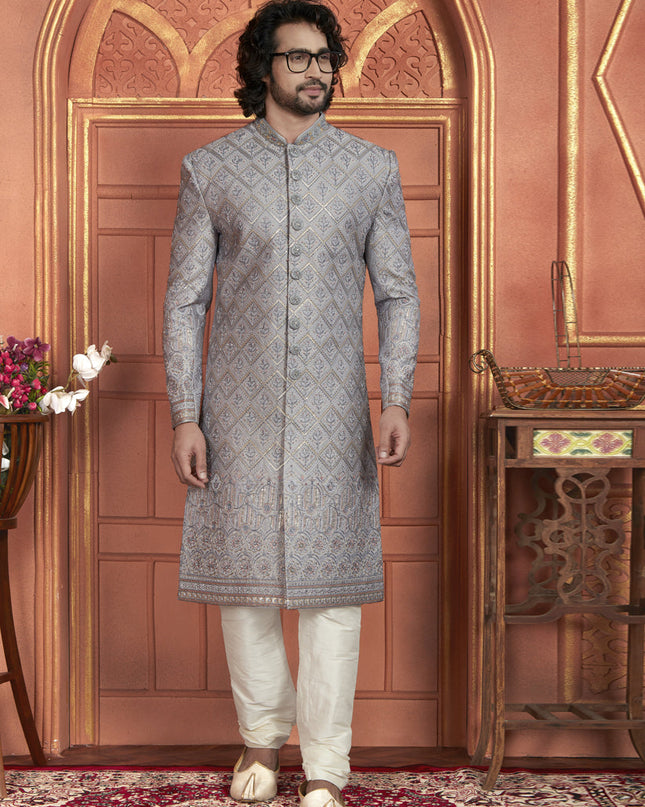 Grey Art Silk Wedding Wear Designer Sherwani