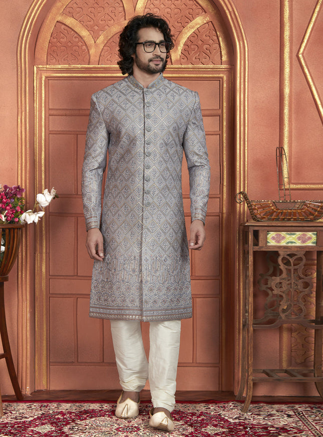 Grey Art Silk Wedding Wear Designer Sherwani