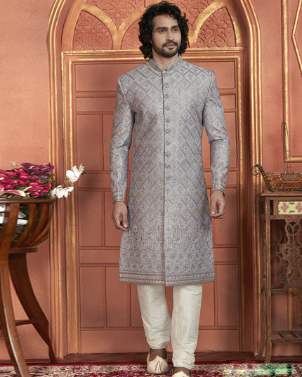 Grey Art Silk Wedding Wear Designer Sherwani