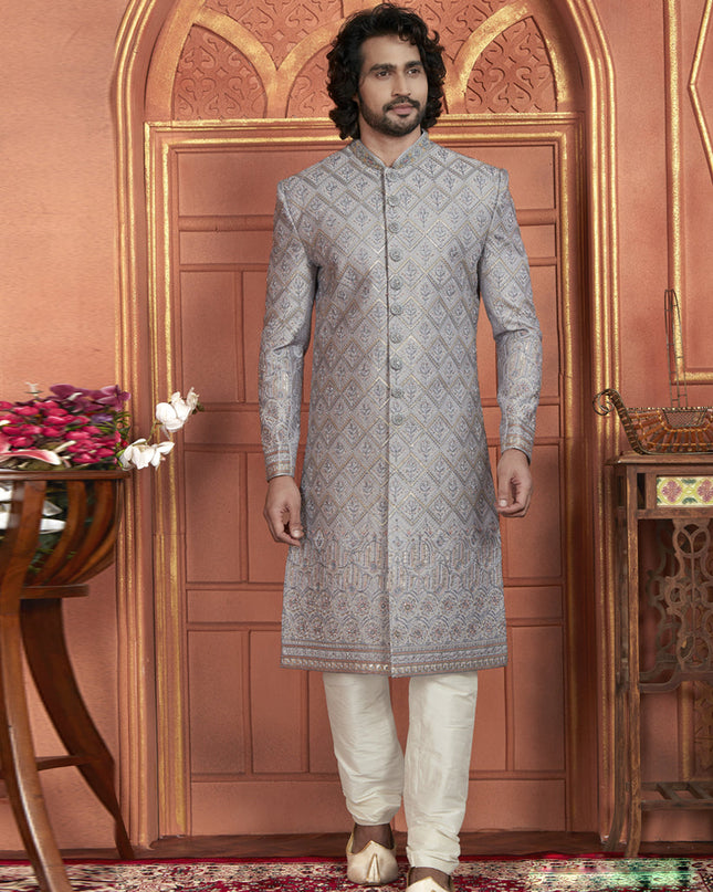 Grey Art Silk Wedding Wear Designer Sherwani