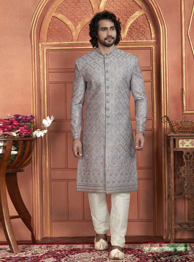 Grey Art Silk Wedding Wear Designer Sherwani