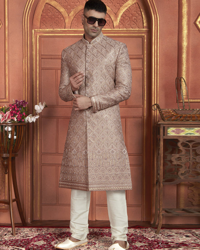 Onion Pink Art Silk Wedding Wear Designer Sherwani