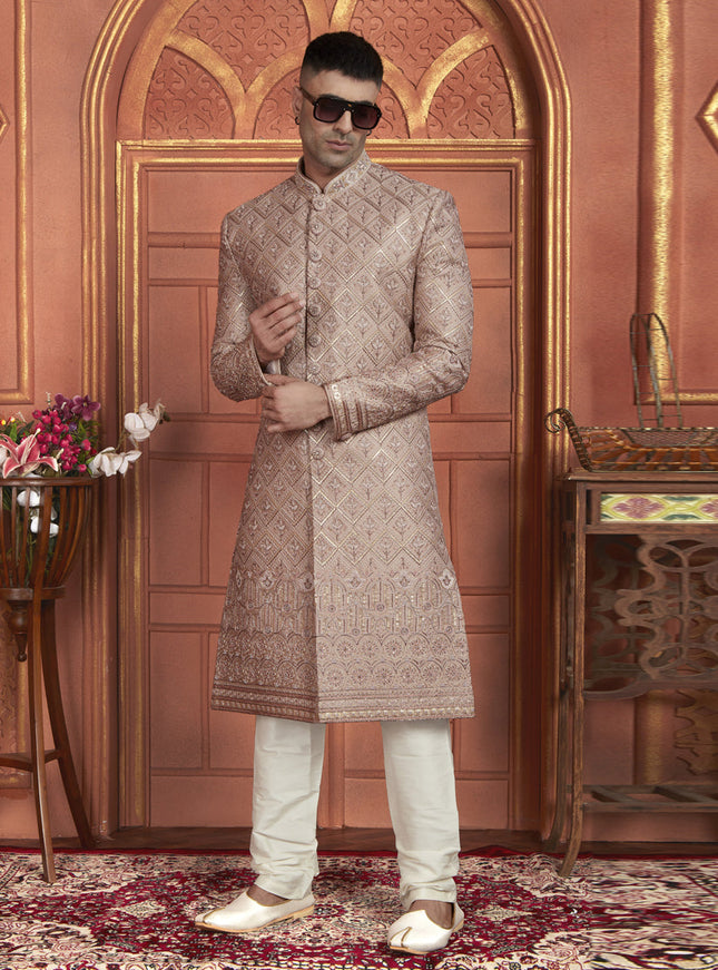 Onion Pink Art Silk Wedding Wear Designer Sherwani