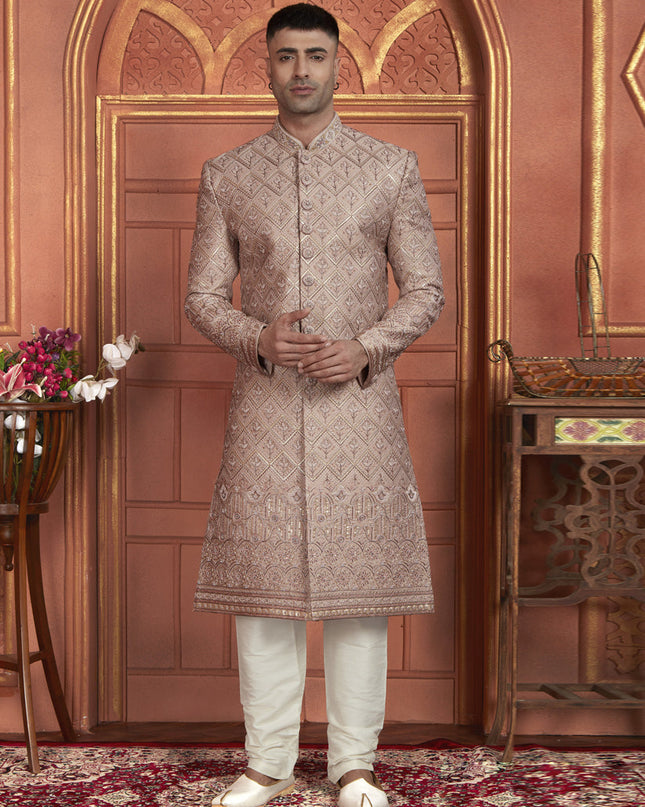 Onion Pink Art Silk Wedding Wear Designer Sherwani