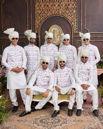 White Art Banarasi Silk Mens Kurta Pajama Set With Jacket