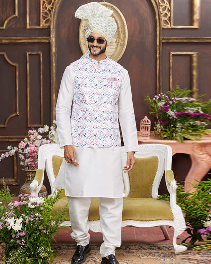 White Art Banarasi Silk Mens Kurta Pajama Set With Jacket