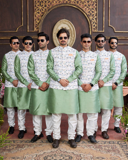 Mint Green Art Banarasi Silk Mens Kurta Pajama Set With Jacket