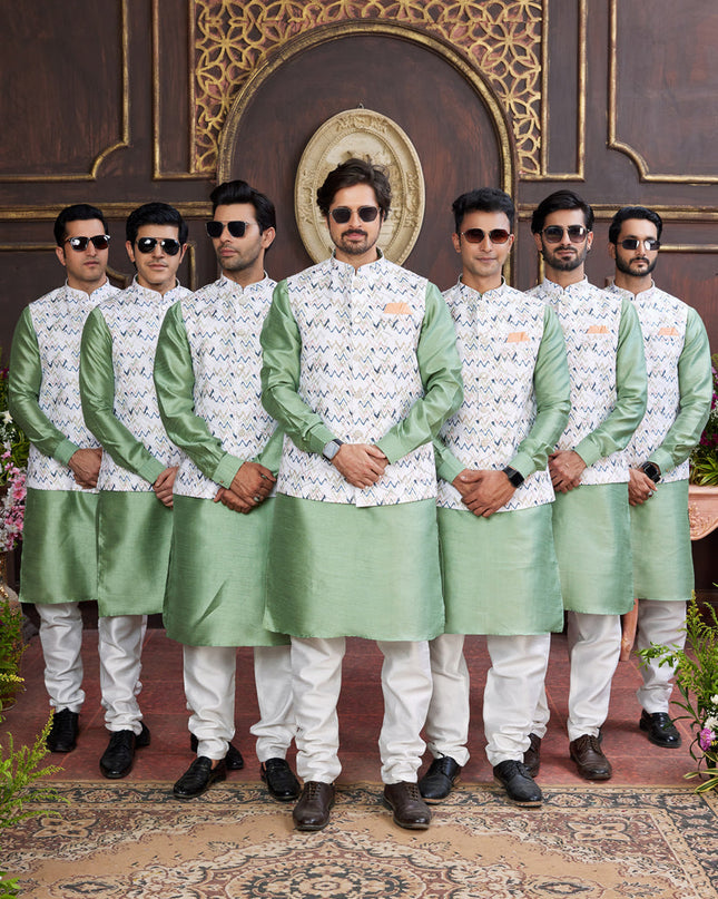 Mint Green Art Banarasi Silk Mens Kurta Pajama Set With Jacket