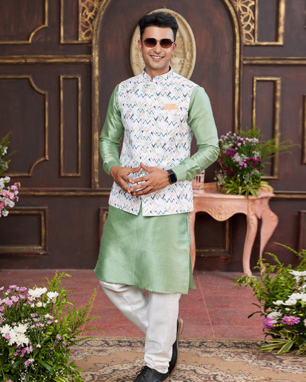 Mint Green Art Banarasi Silk Mens Kurta Pajama Set With Jacket