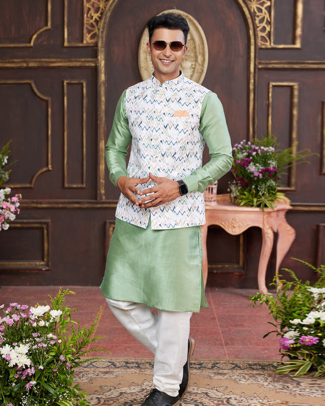 Mint Green Art Banarasi Silk Mens Kurta Pajama Set With Jacket