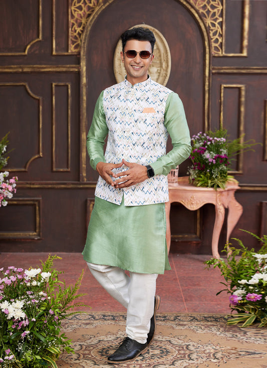 Mint Green Art Banarasi Silk Mens Kurta Pajama Set With Jacket