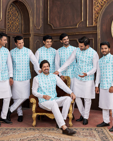 White Art Banarasi Silk Mens Kurta Pajama Set With Jacket