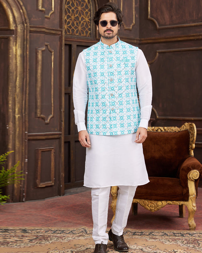 White Art Banarasi Silk Mens Kurta Pajama Set With Jacket