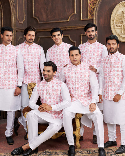 White Art Banarasi Silk Mens Kurta Pajama Set With Jacket